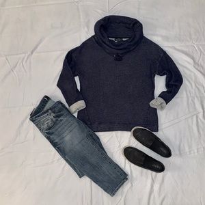 LAUREN JEANS CO BLUE COWL NECK SWEATSHIRT, SIZE M